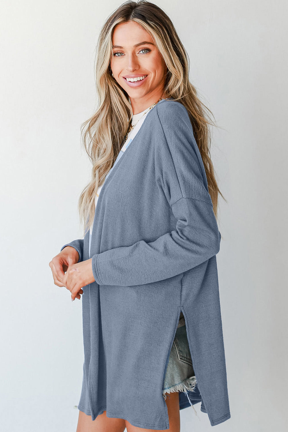 Ashleigh Solid Blue Ribbed Knit Open Front Tunic Cardigan