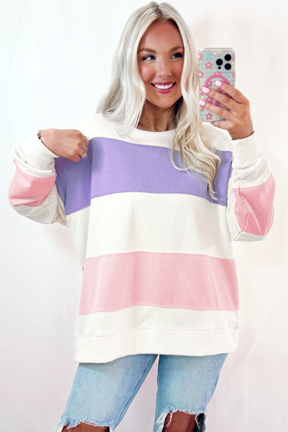 Sudadera beige con cuello redondo y hombros que caen en bloque de color de retazos