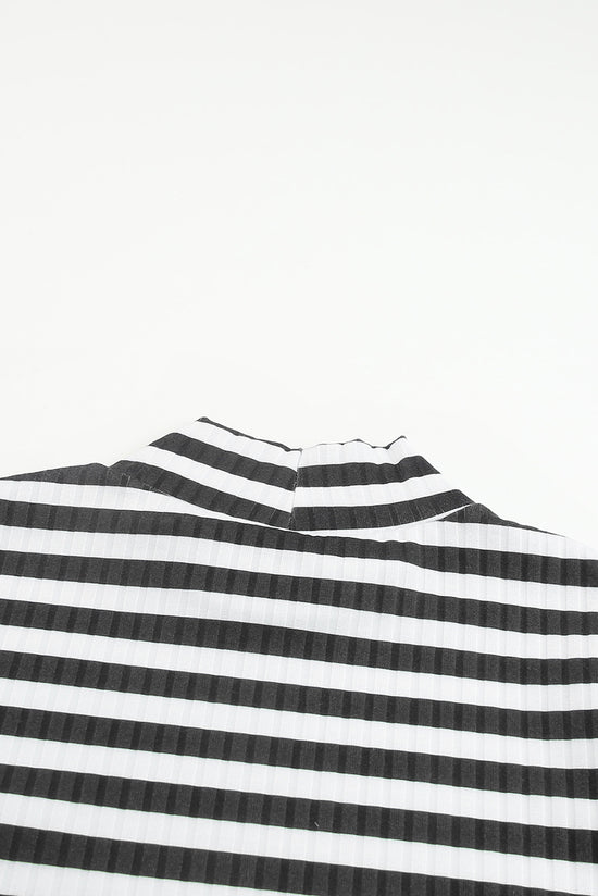 Black Striped Textured Knit Long Sleeve T-Shirt