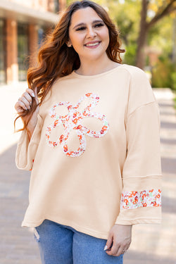 Plus Size Beige Floral Patch Side Slit Crew Neck Top