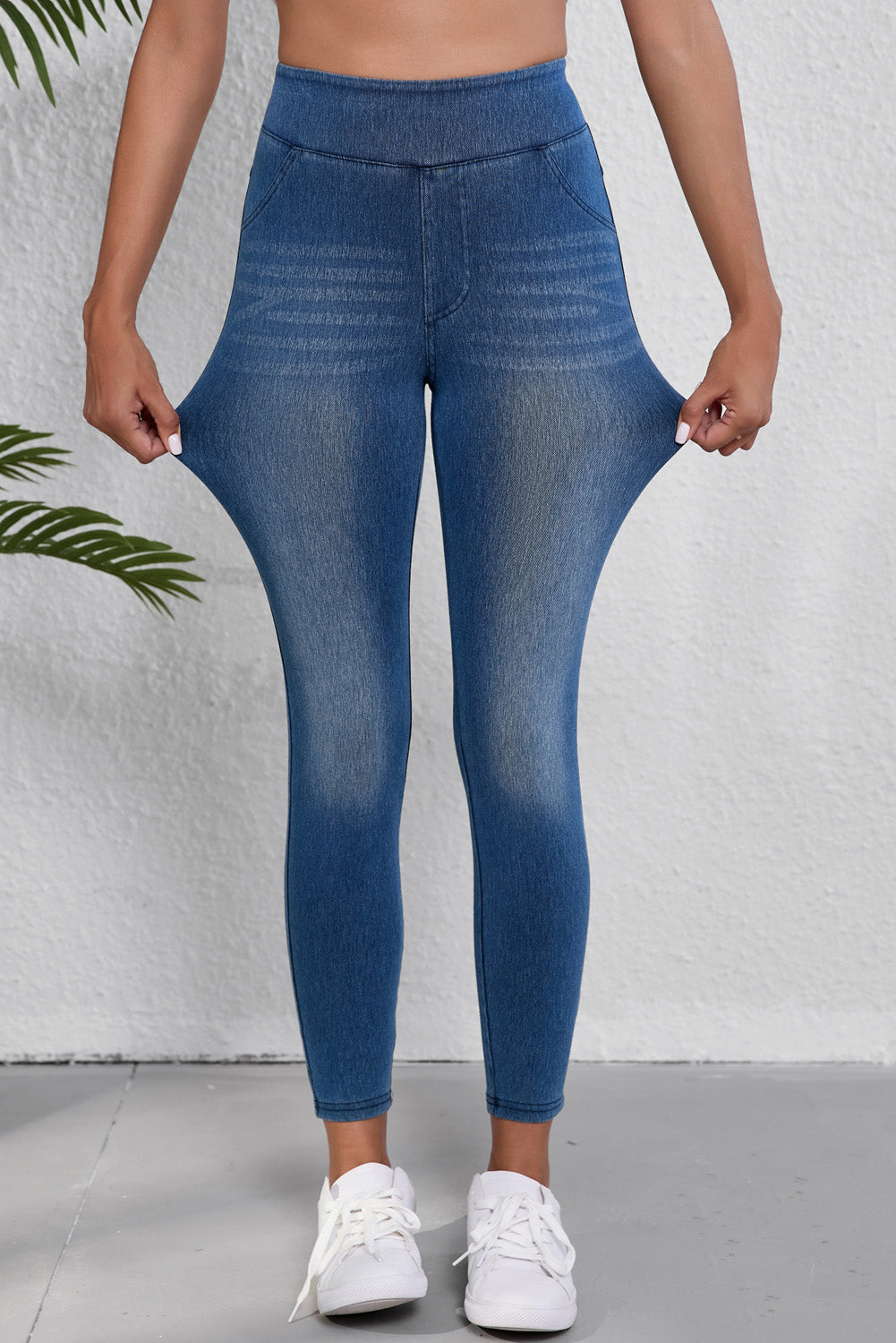 Blu scuro blu magro elastico elastico jeggings a metà lunghezza con tasche