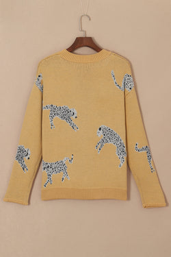 Fuzzy camel crew neck sweater with cheetah accent