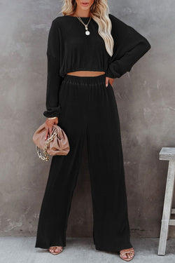 Ensemble pull court en cordon noir et pantalon large