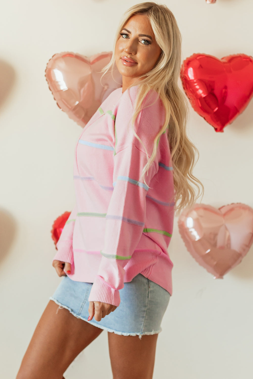 Pink Rainbow Striped Drop Shoulder Baggy Henley Sweater