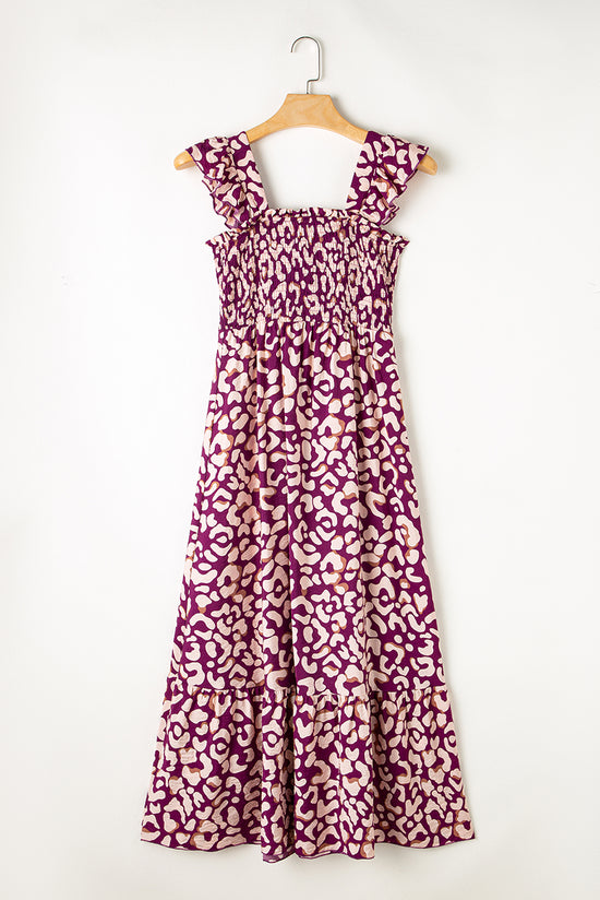 High Waisted Smocked Maxi Dress with Ruffle Straps and Pink Leopard