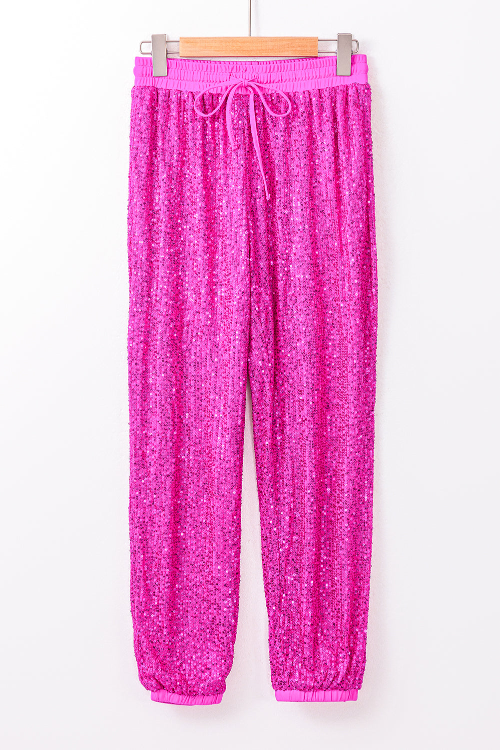 High Waisted Sequin Joggers with Pink Tie