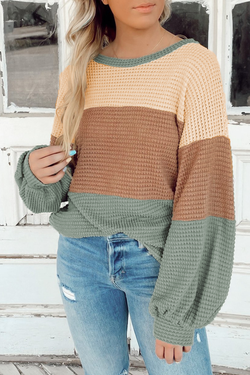 Green Striped Textured Color Block Bubble Sleeve Loose Top