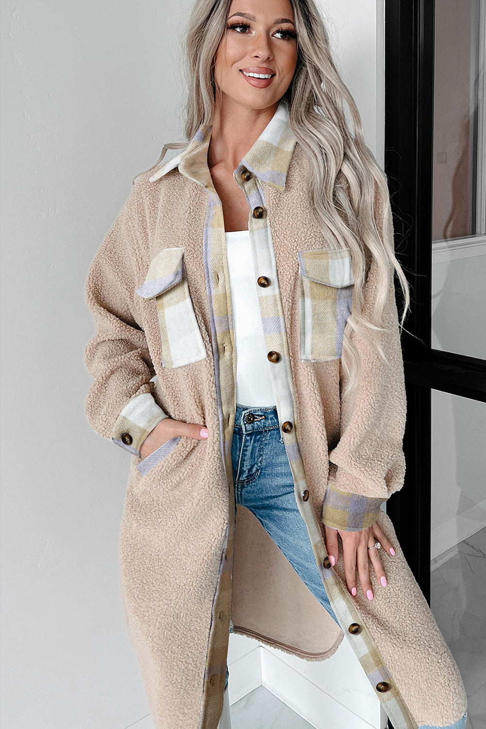 Smoke gris a cuadros a cuadros Patchwork con collar Sherpa Sherpa Long Coat