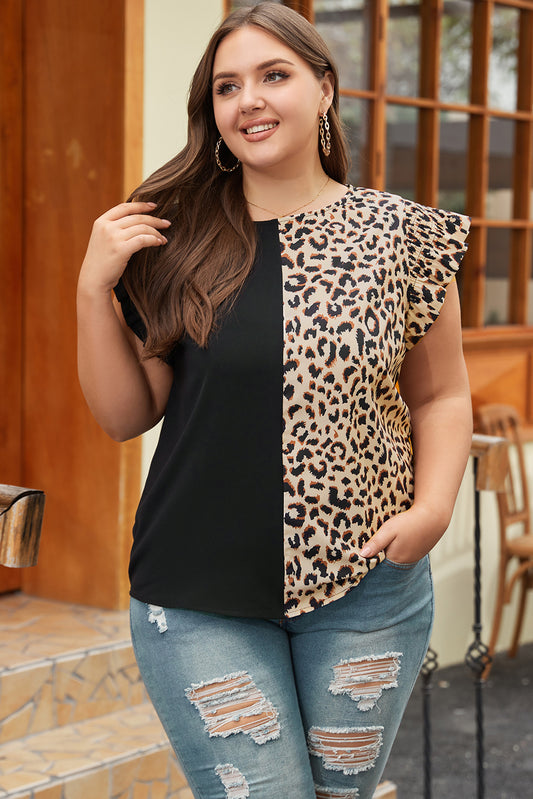 Schwarzer Leopardenkontrast Block Flutterhülle Plus Size Top