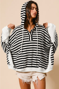 Black and White Oversized Striped Henley Button-Down Dolman Sleeve Hoodie Top