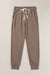 Dark brown jogging pants with pockets and tightening cord at the waist