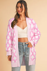 Cardigans en tricot à motif losange rose, ouverts sur le devant, avec poches-A WOMAN WE LOVE