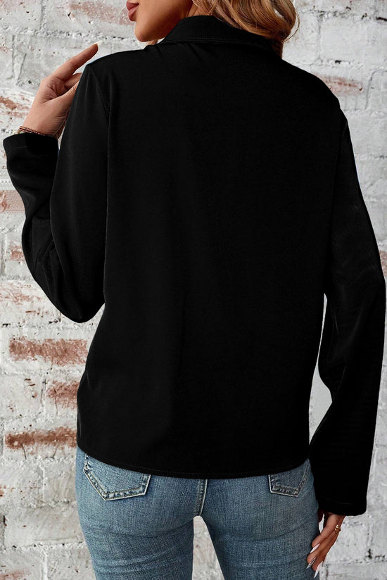 Black and sleeve black jacket with zipper and flap