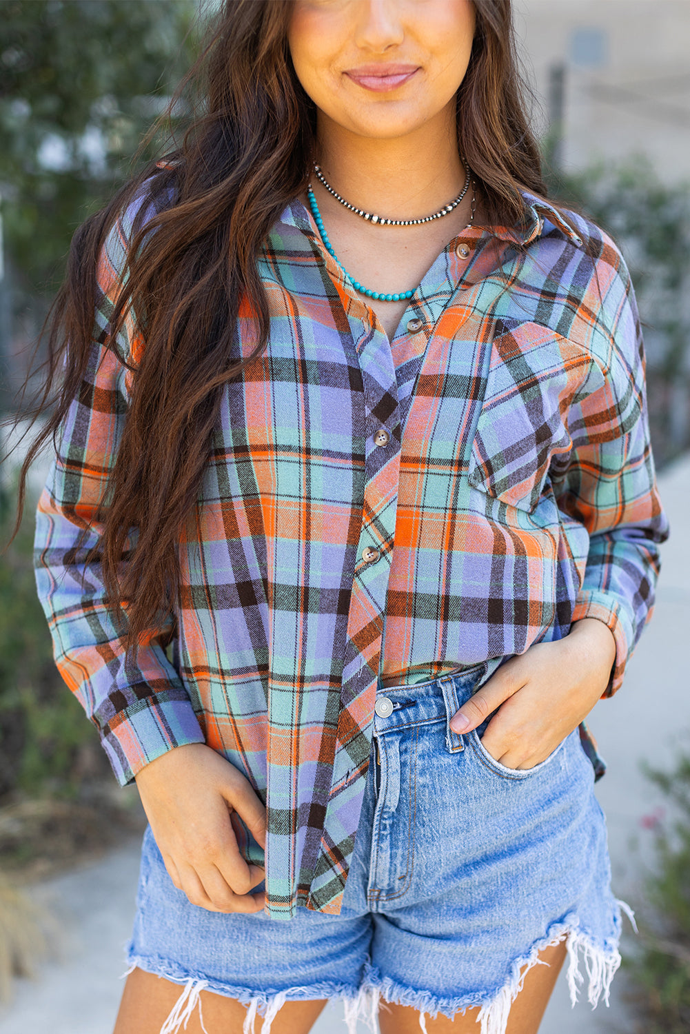 Naranja con estampado a cuadros Camisa vintage suelta