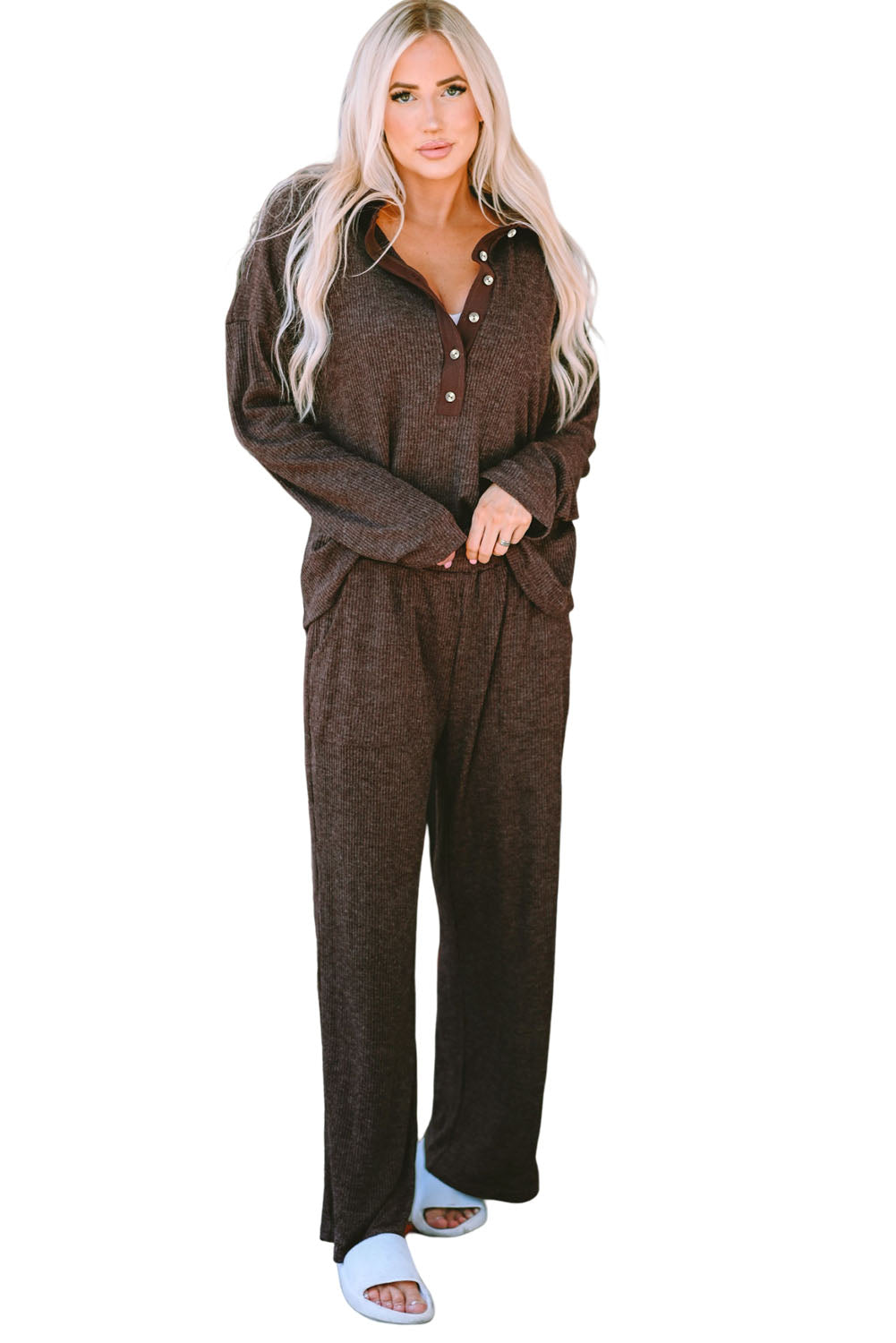 Brown Caned Caned Collared Henley Top and Pants Lounge