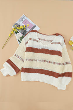 Knitted V-neck sweater with lantern sleeves