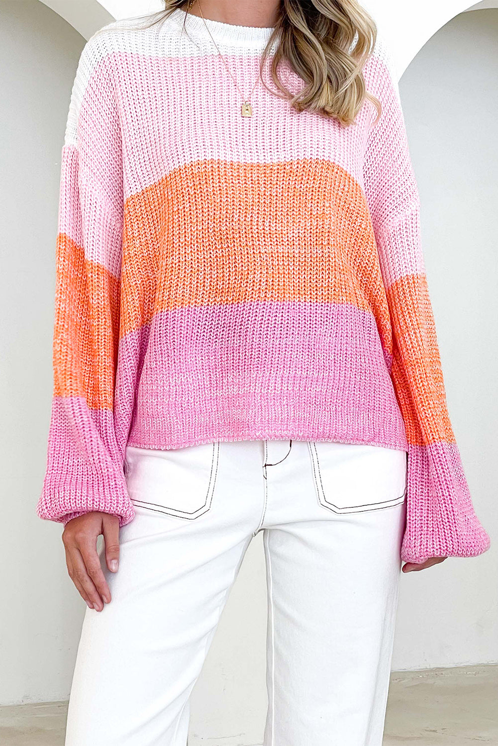 Pink color block drop shoulder loose sweater