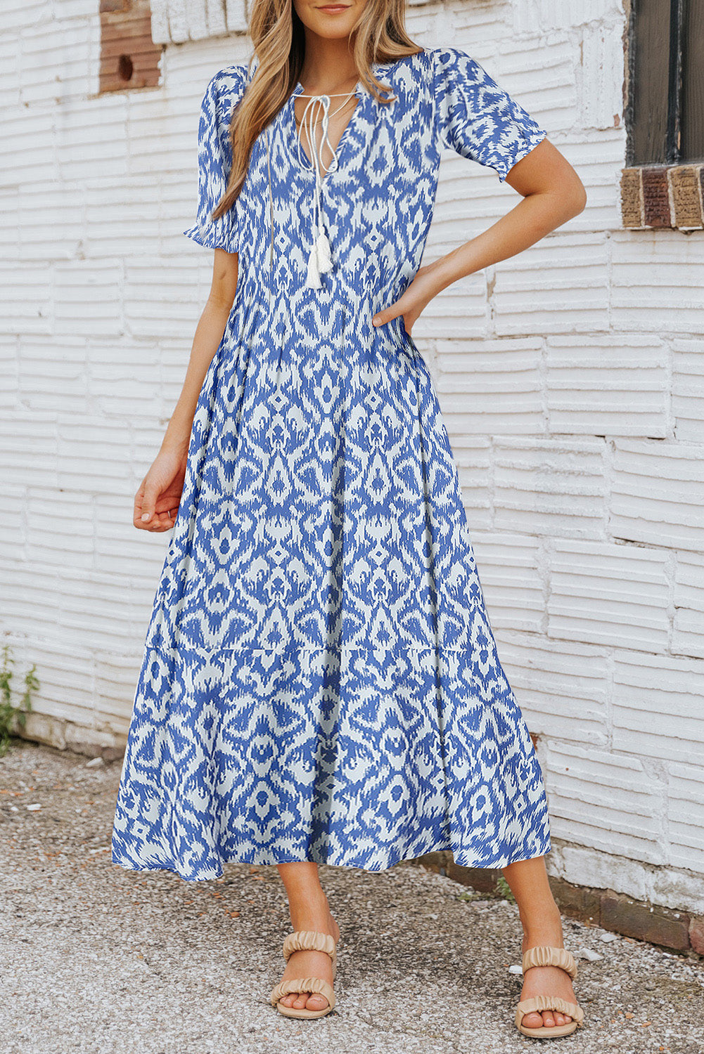 Sky Bleu V Neck Casual Casual Geometric Print Maxi Robe