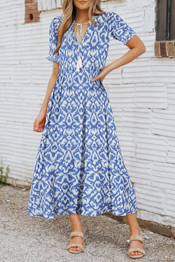 Long relaxed dress with geometric sky blue print with v -neck collar