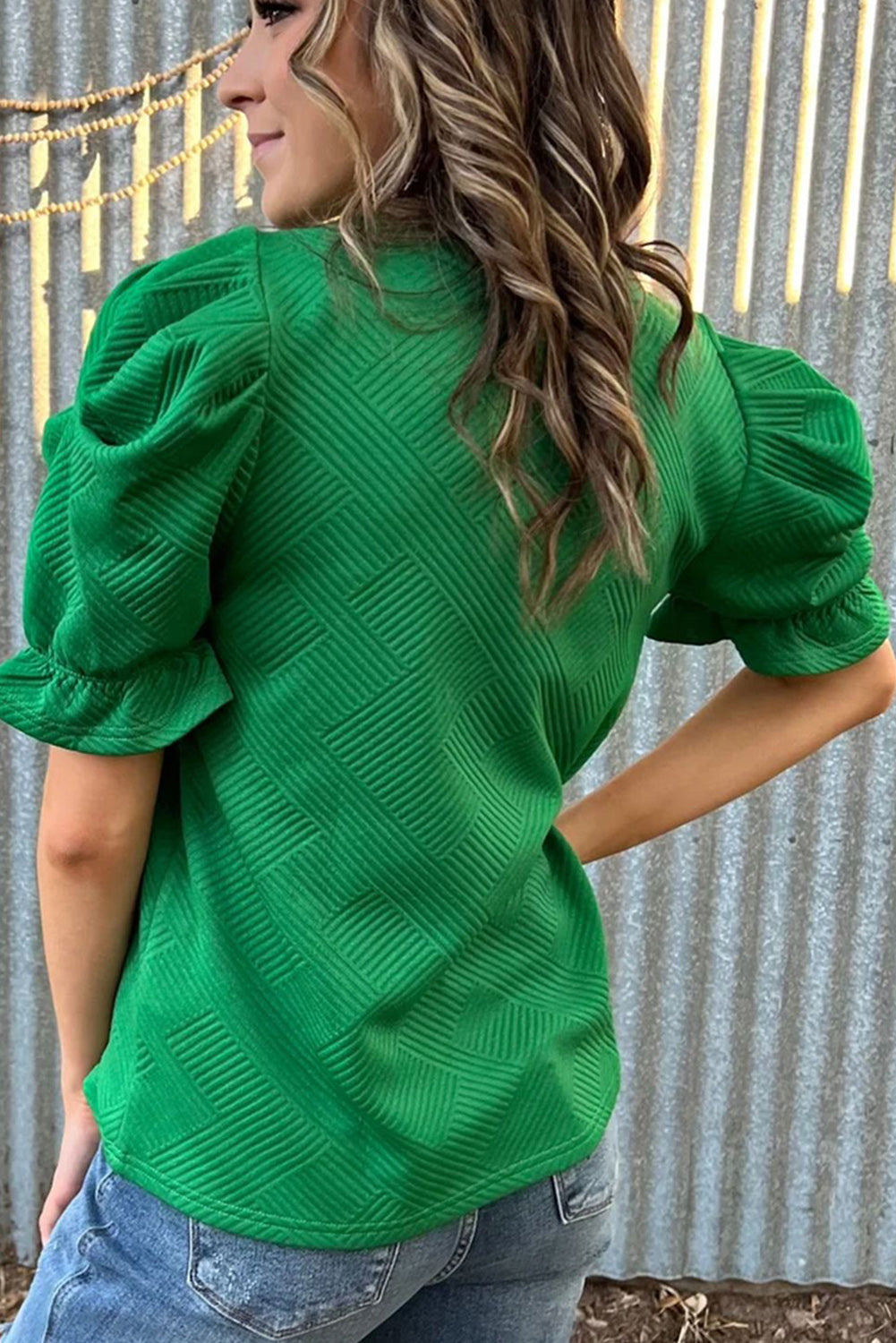 Dark Green Textured Ruffled Short Puff Sleeve Top