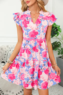 Ric Rac Notched V-Neck Floral Print Flutter Sleeve Pink Dress