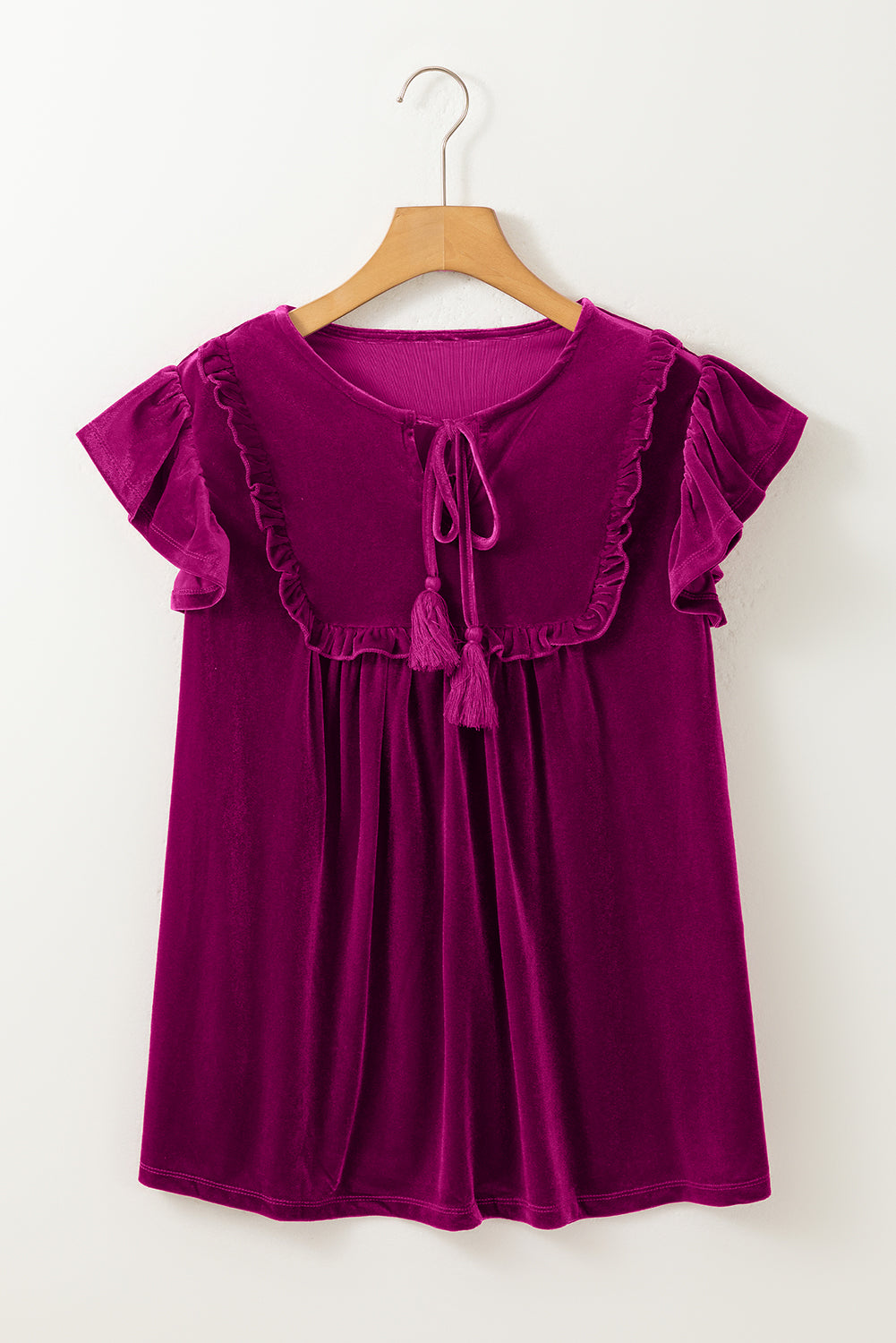 Violet Ruffled Drawstring Round Neck Velvet Blouse