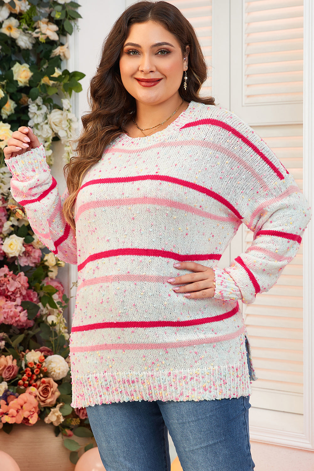 Pink striped sweater, dropped shoulders, side slit, plus size