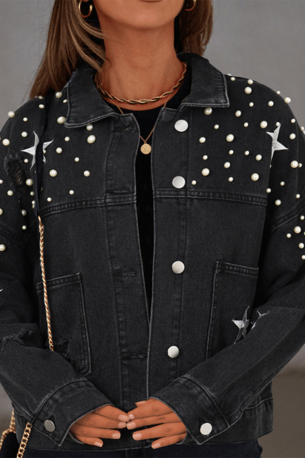 Schwarz Distressed Pearls Star Cropped Jeansjacke