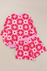 Ensemble haut à manches longues à imprimé géométrique rose Sachet et short à cordon de serrage-A WOMAN WE LOVE