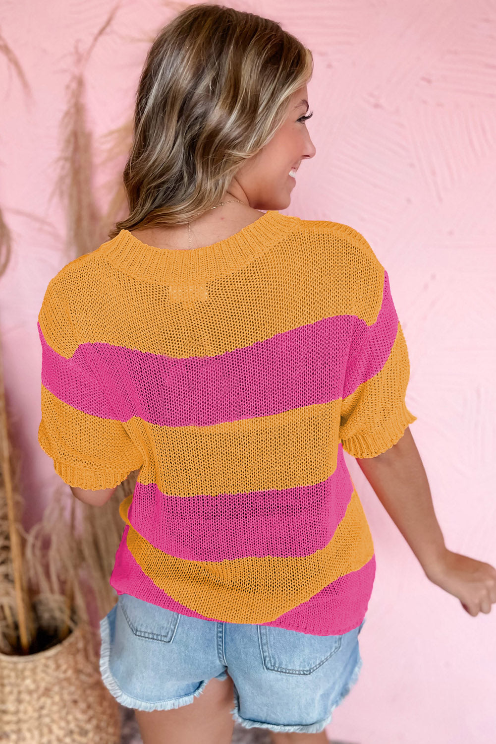 T-shirt tricoté de couleur orange Stripe Bloc en tricot