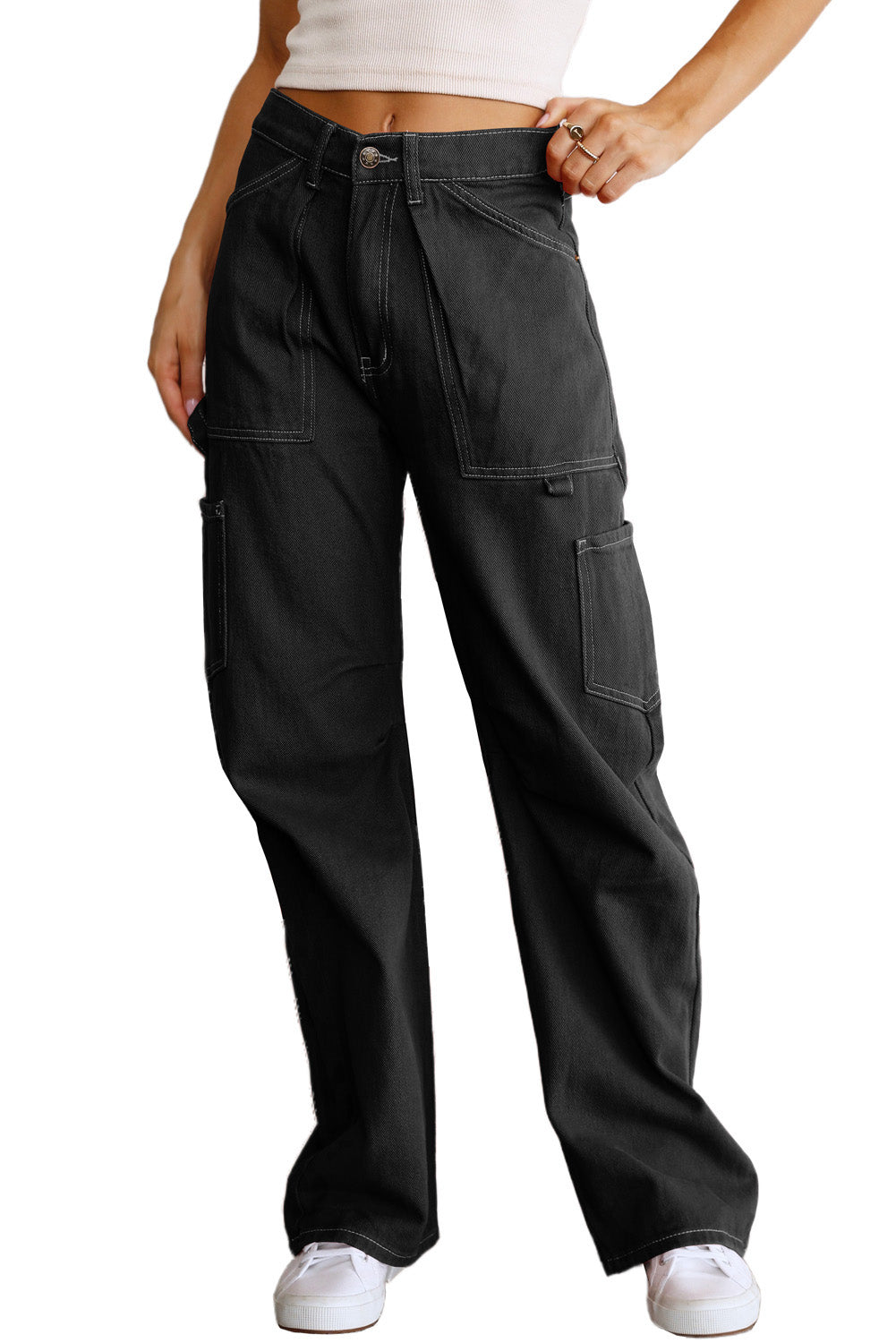 Pantalon de cargaison de jambe droite à taille droite noire avec poches