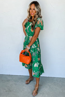 Green Floral Print Tiered Smocked Midi Dress