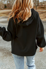 Black hooded zipped jacket with tightening cord and flap pocket