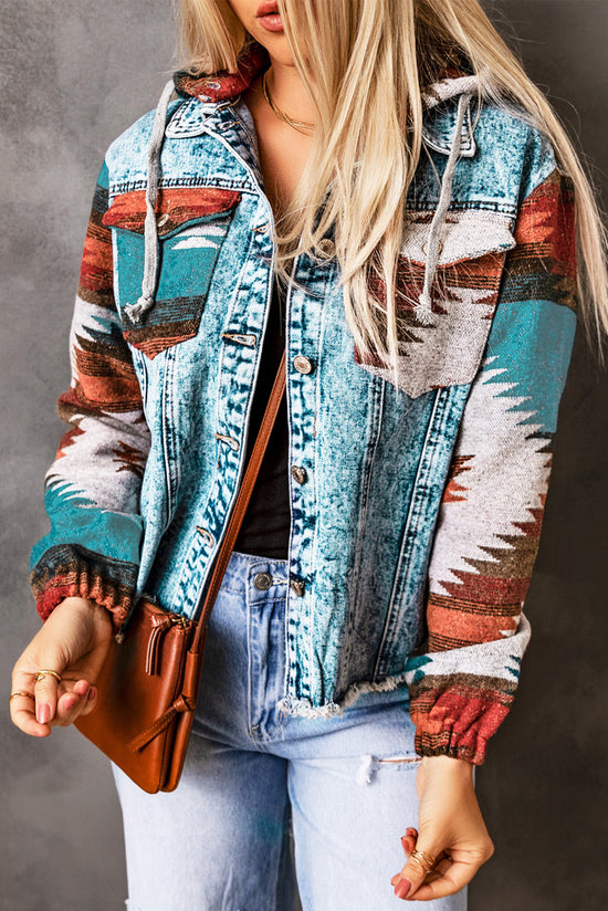 Multicolored Aztec Print Denim Jacket with Frayed Hem