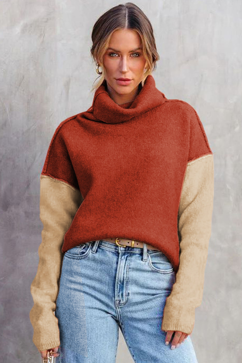 Ton roter Farbblock Block Turtle Neck Drop Schulterstrickpullover