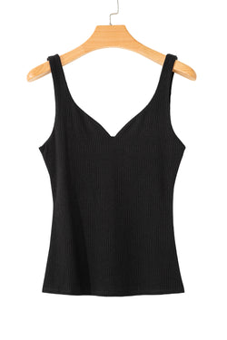 Sexy Black Ribbed Knit Sleeveless V Neck Top