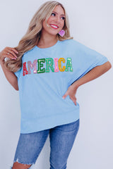 Pastel embroidered graphics t-shirt Mist Blue Sparkle America