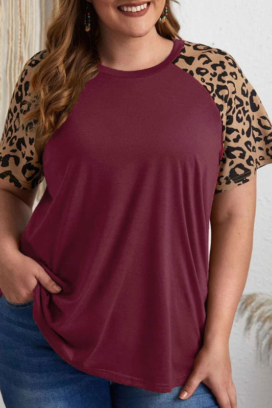 Burgundkontrast Leoparden Raglan-Hülle Plus-Size-T-Shirt