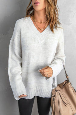 White V-neck Dropped Shoulder Knitted Sweater