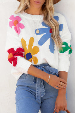 Colored white round -neck sweater with large flowers pattern