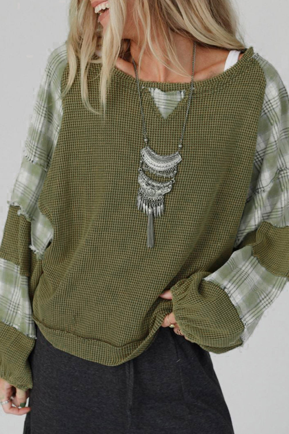 Green Plaid Waffle Knit Bubble Sleeve Top with Exposed Seams