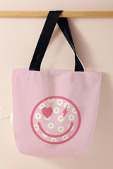 Grand sac cabas rose à imprimé smileys et marguerites