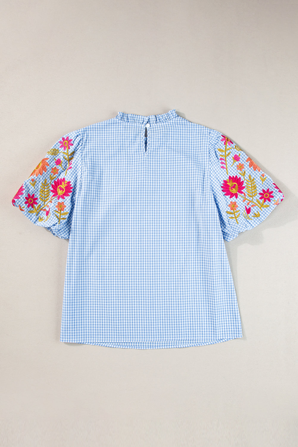 Hellblau Gingham Blumenbluse bestickte Puffhülle