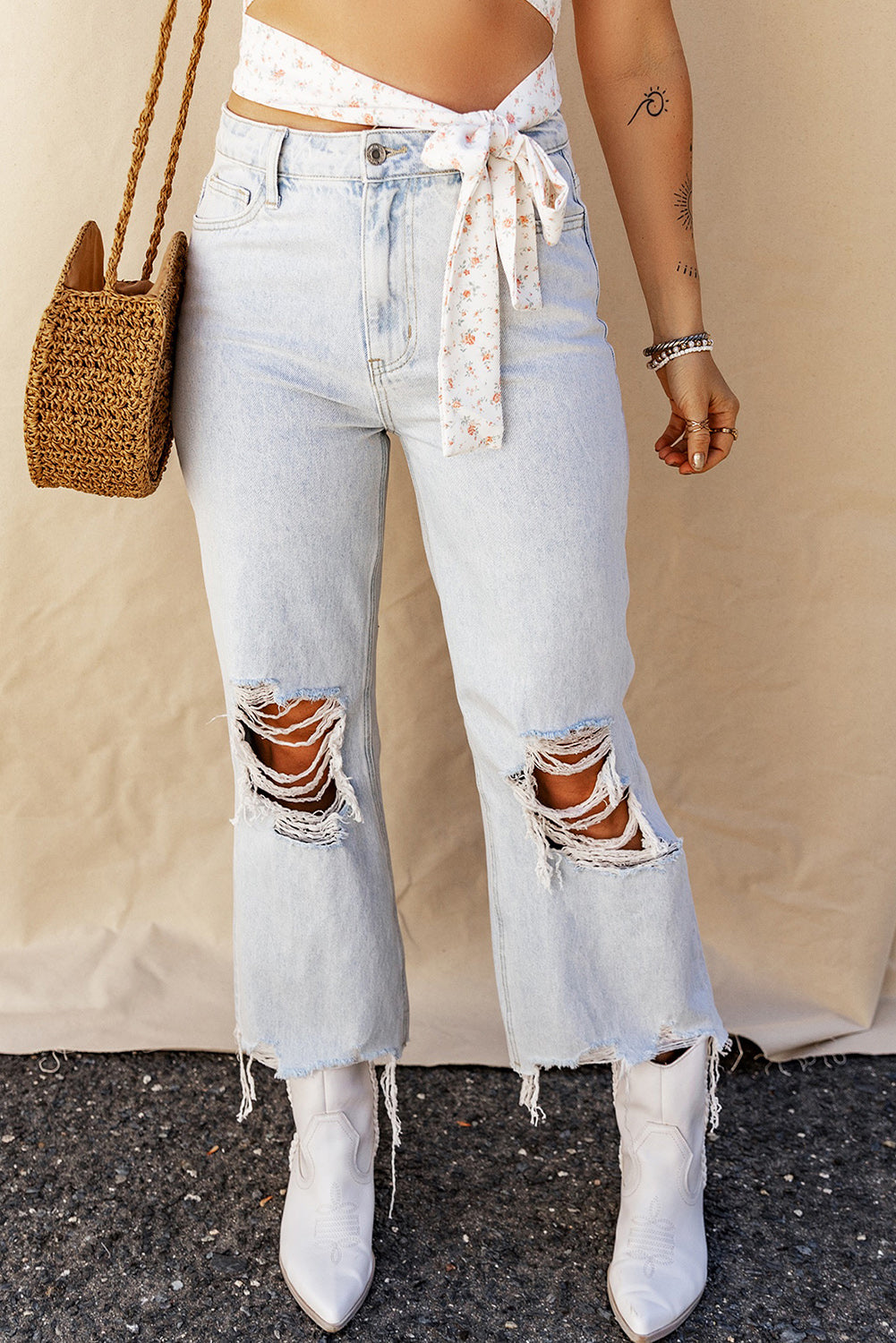 Light Blue High Rise Ripped Frayed Hem Straight Jeans