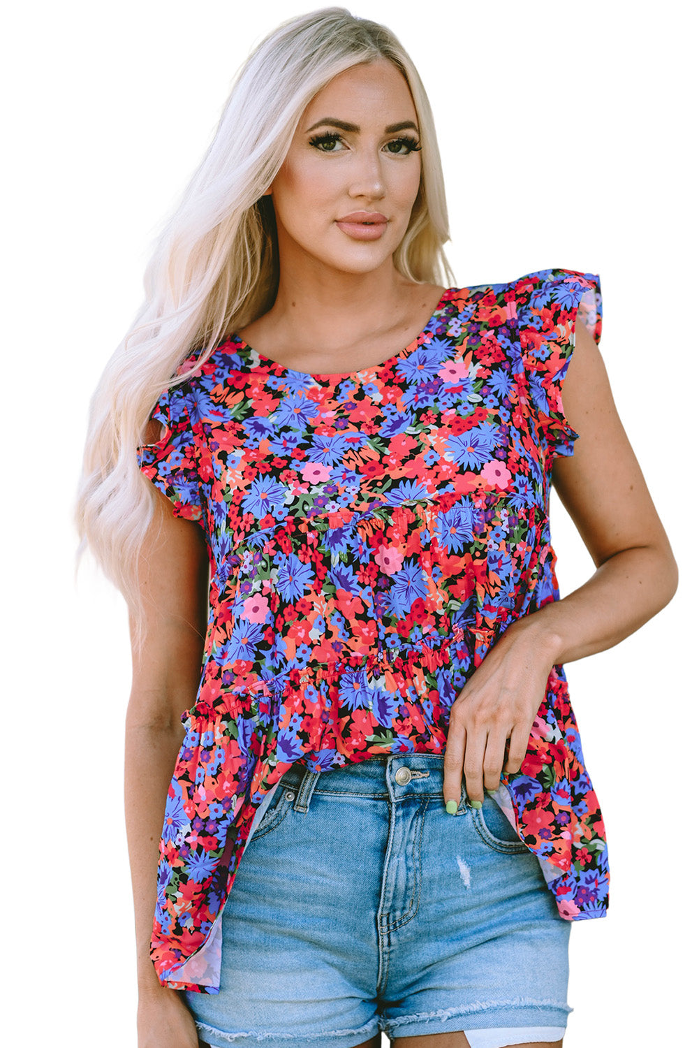 Multicolor -Blumendruck Rüschenstufe kurzärmel BABYDOLL TOP