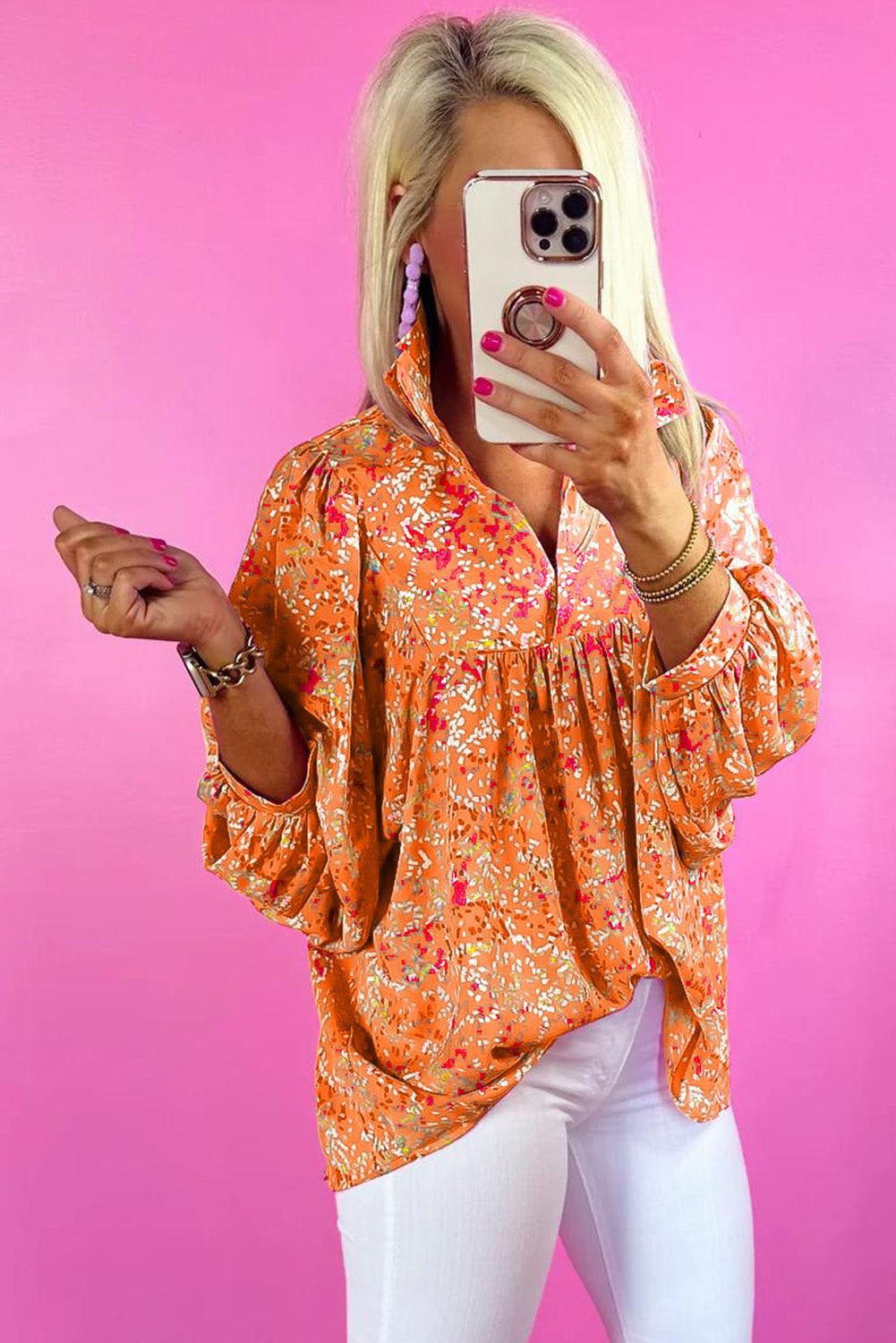 Naranja resumen impresa con cuello en v babydoll blusa de babydoll