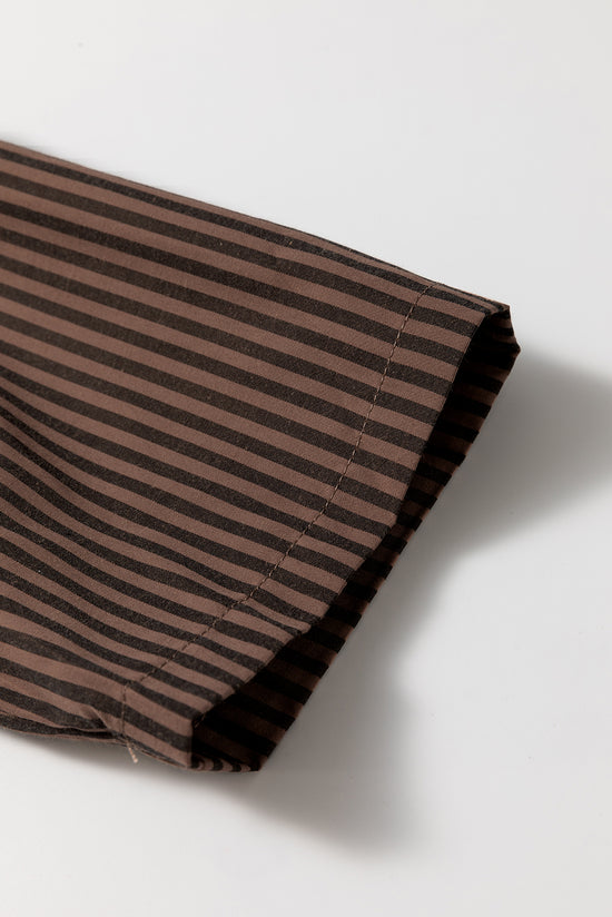 Classic brown stripe shirt, V -neck, rolled up sleeves, patched pocket