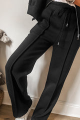 Ensemble veste zippée noire à coutures unies et pantalon à taille avec cordon de serrage-A WOMAN WE LOVE