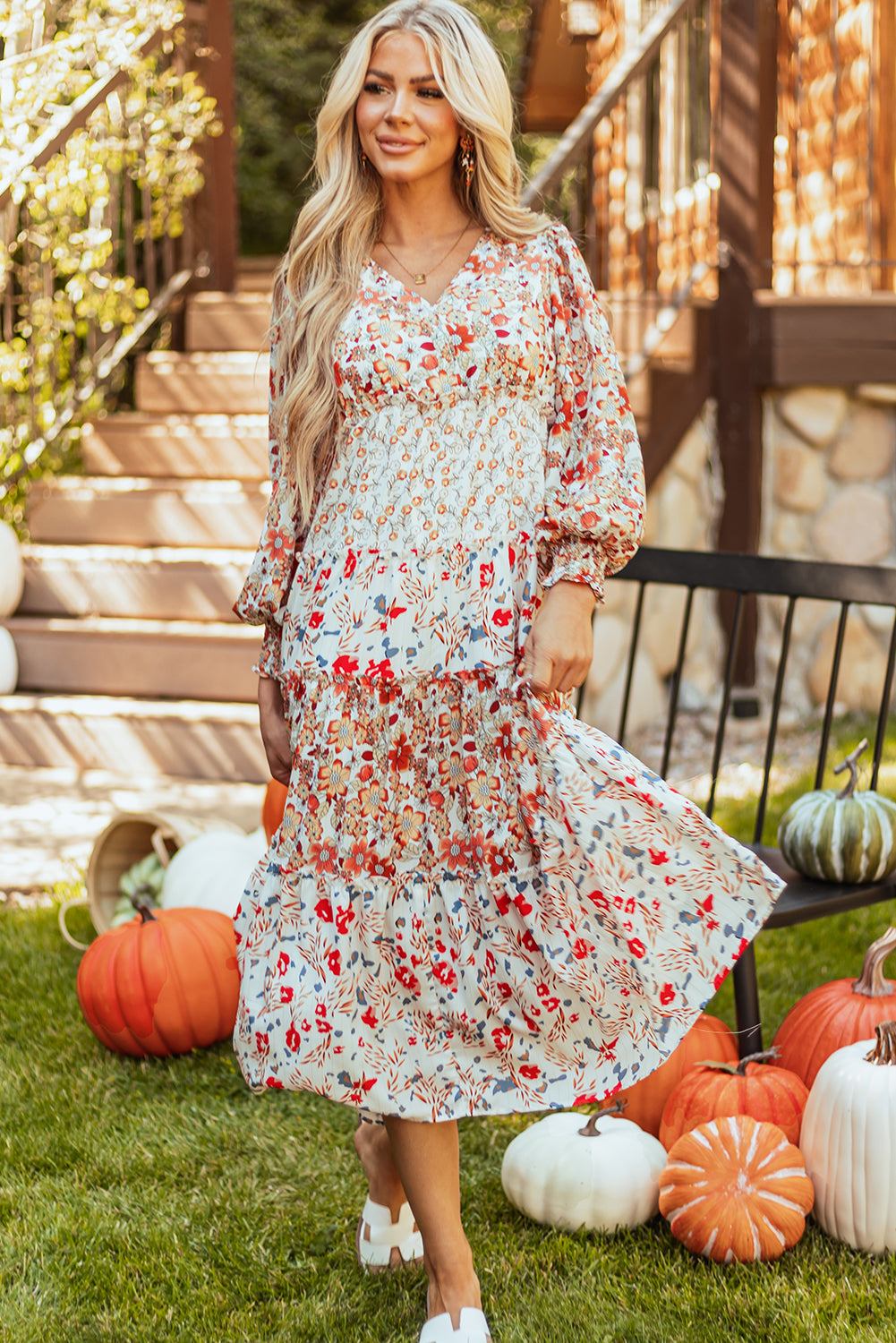 Khaki Floral Print Ruffle Midi Dress with Long Sleeves and V-Neck