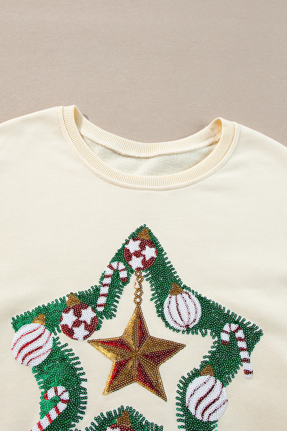 Apricot Christmas Tinsel Star Side Slits Colorblock Sweatshirt